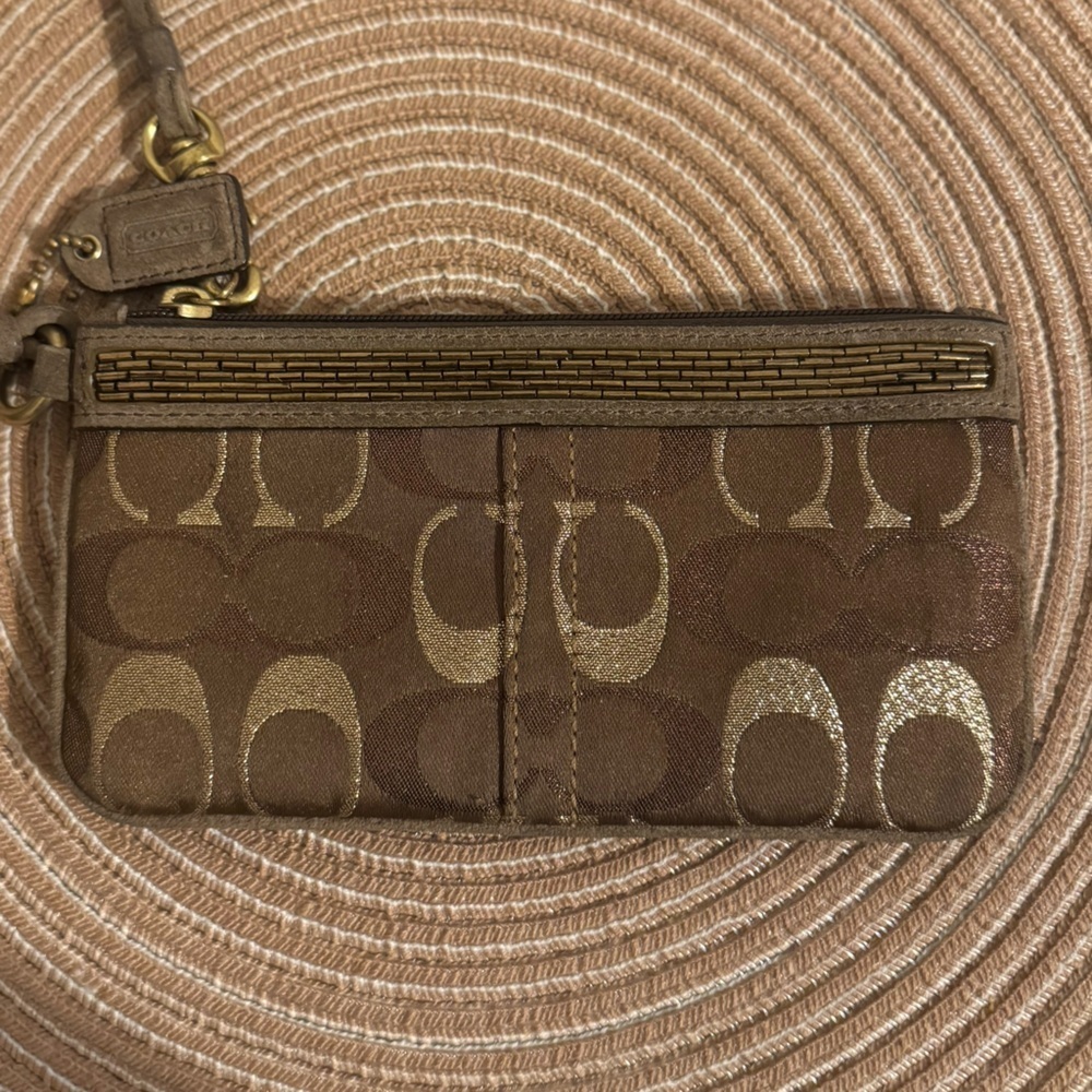 Coach Brown Wristlet with Gold beaded and suede Accents